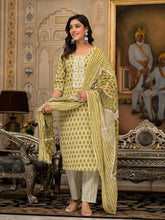 Green Ethnic Motif Printed Cotton Kurta, Pant And Dupatta Set With Thread & Mirror Work-J4848GREEN_OF